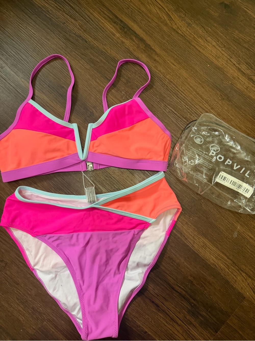 BRAND NEW POPVIL BIKINI Colorblock Pink & Coral Women's Bikini Set SIZE SMALL